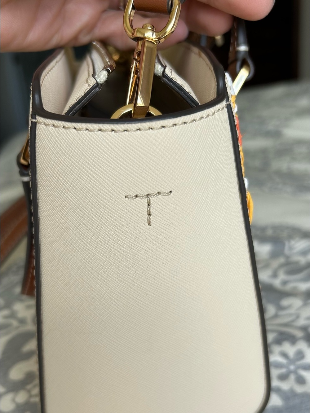 Tory Burch Cream Satchel with Orange, Yellow & Green Floral Embroidery - Picture 6 of 10